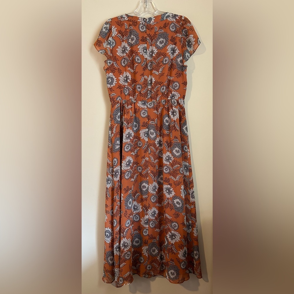 Madewell Terracotta Floral Short Flutter Sleeve Scoop Neck Midi Dress Size 6 - Picture 8 of 12